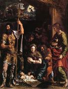 Giulio Romano La nativite de l'enfant jesus avec l'adoration des bergers entre Saint Jean l'Evangeliste et Saint Longin Spain oil painting artist